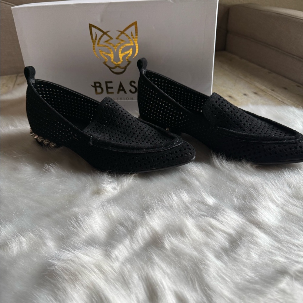 Beast Fashion Black Suede Perforated Studded Loafers NWB